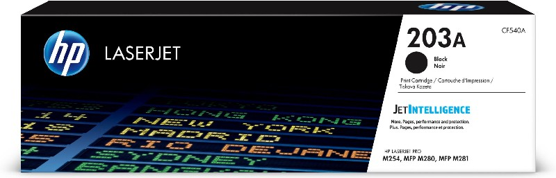 Schwarze HP LaserJet Druckerpatronenbox mit einem schwarzen Patronenbild und weißem Text auf schwarzem Hintergrund.
