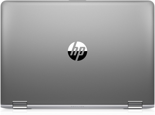 Ein geschlossener silberner HP Pavilion Laptop mit dem HP-Logo in der Mitte und zwei Scharnieren unten.
