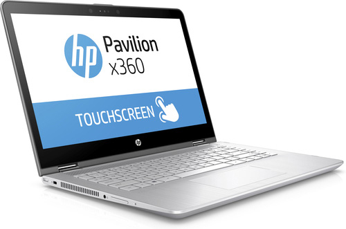 Ein offener, silberner HP Pavilion x360 Laptop mit Touchscreen auf weißem Hintergrund.
