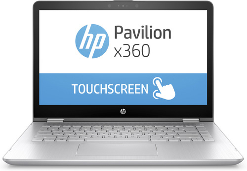 HP Pavilion x360 Laptop mit silbernem Gehäuse, offener Tastatur und Bildschirm mit Touchscreen-Logo.