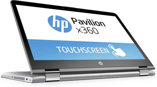HP Pavilion x360 Laptop mit Touchscreen und silbernem Gehäuse auf weißem Hintergrund.