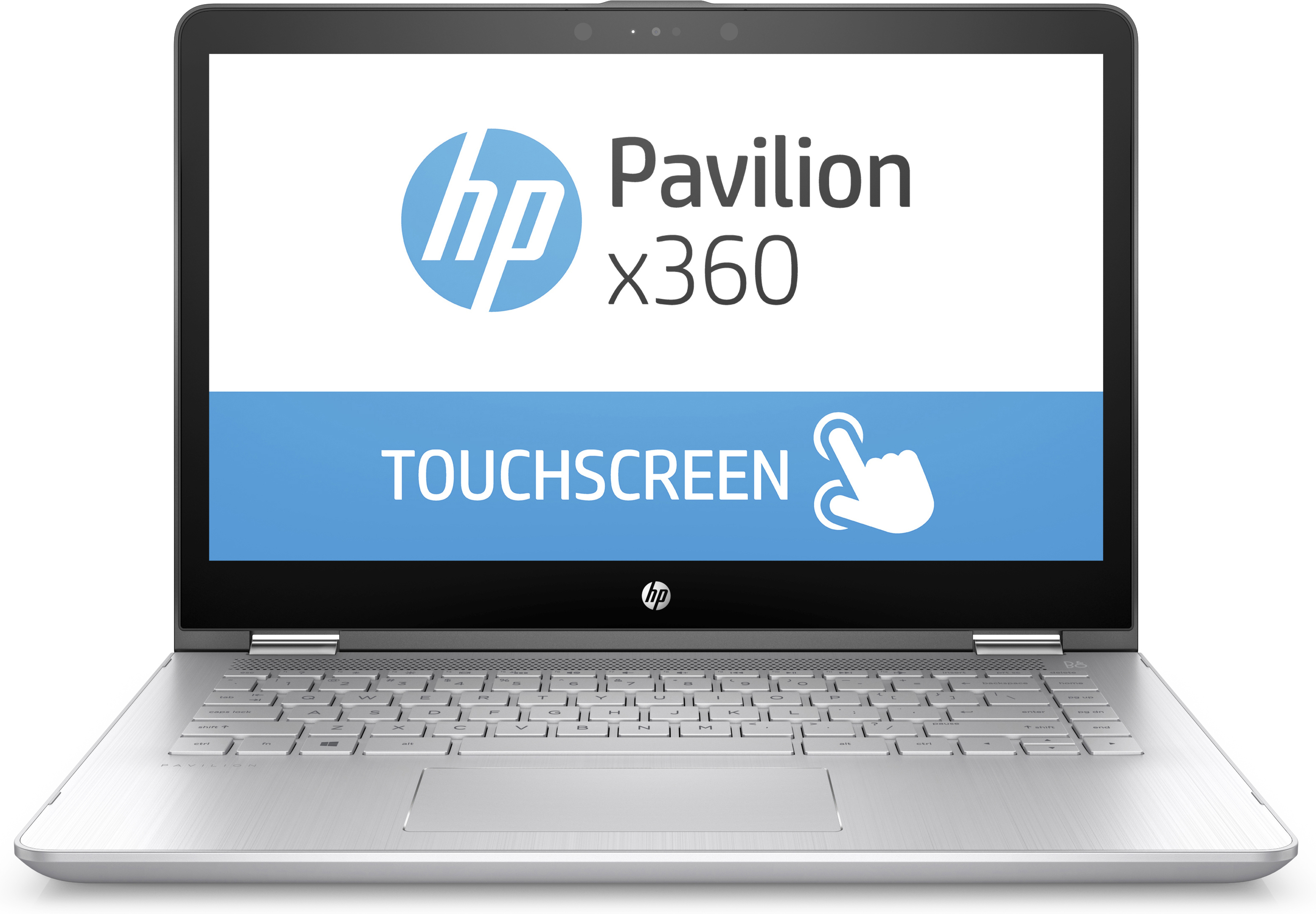 HP Pavilion x360 Laptop mit silberner Tastatur und Touchscreen-Anzeige.