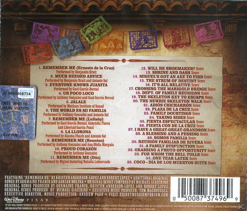 Achterkant van een cd-hoesje met een lijst met nummers en credits. De cd is van Coco.