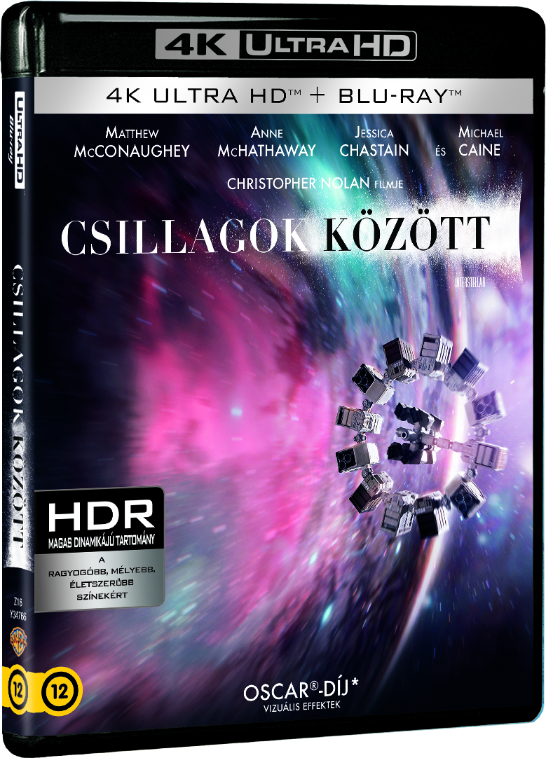 Az 'Interstellar' film borítója. Űr jelenet szöveggel és színészekkel. Kék Blu-ray lemez.