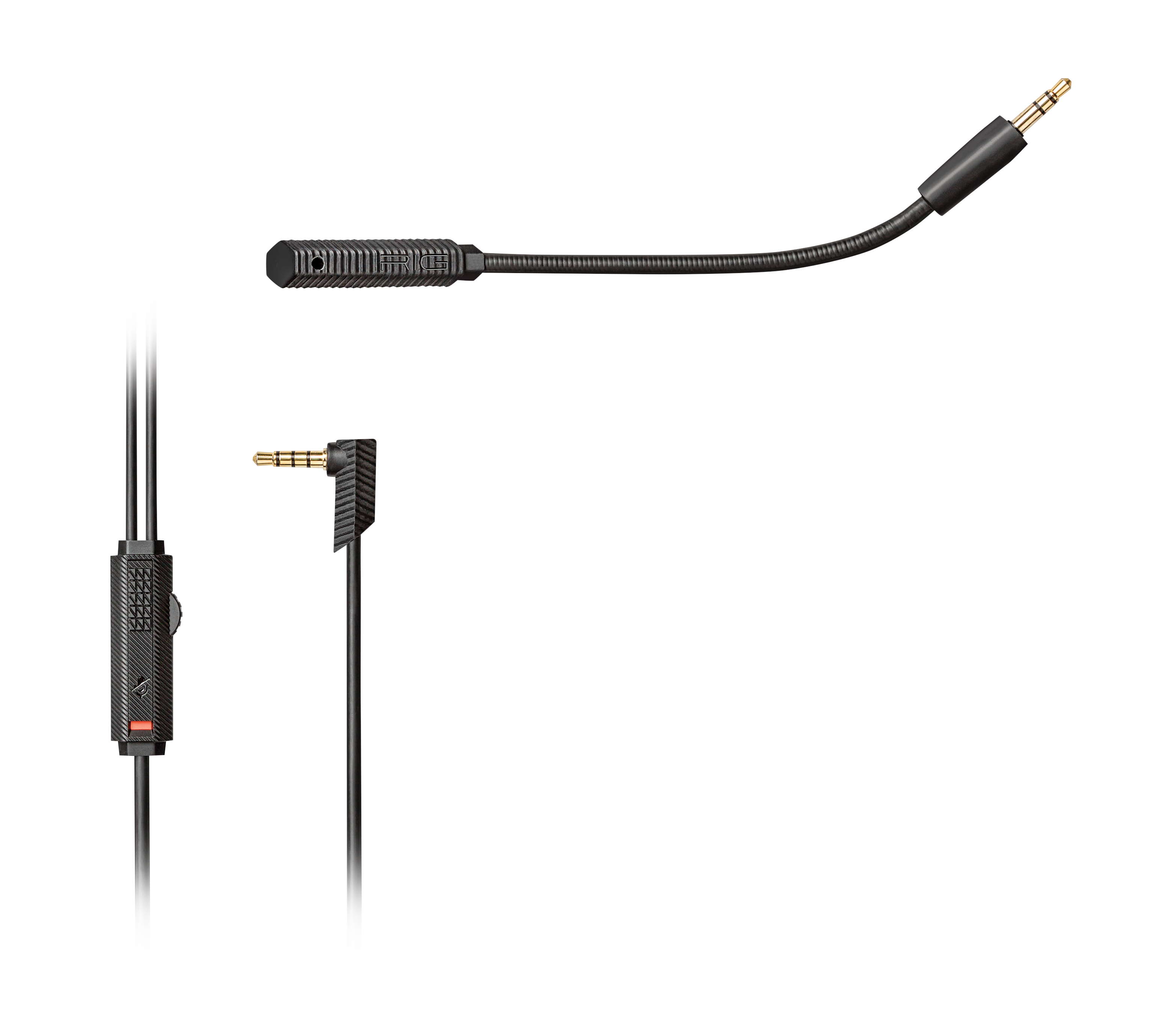 Schwarzes Mikrofon mit flexiblem Arm und Klinke. Außerdem eine Lautstärkeregelung am Kabel.