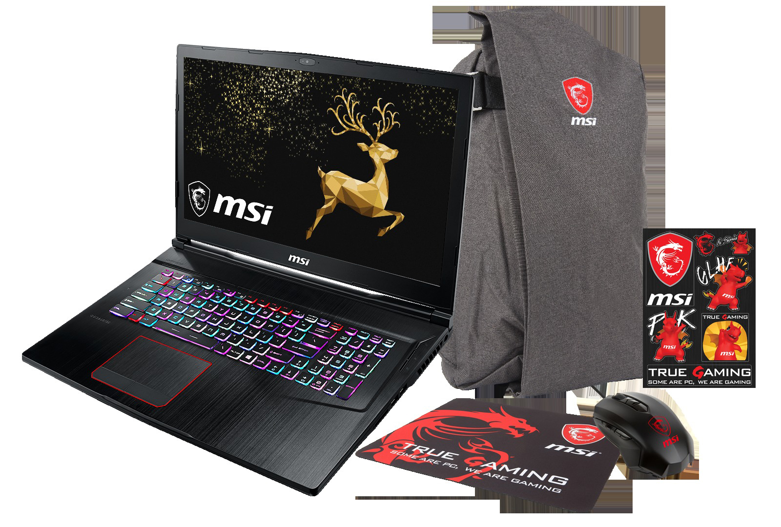 MSI Gaming-Laptop, Zubehör: Rucksack, Maus, Mauspad und Aufkleber. Weißer Hintergrund.