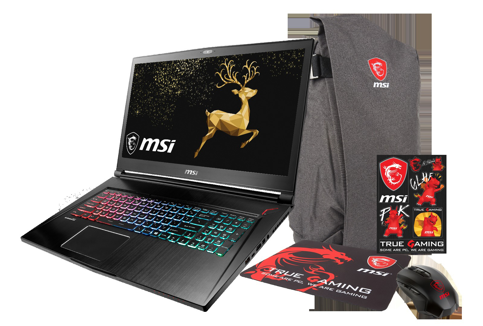 MSI Gaming-Laptop, Rucksack, Maus und Mauspadd.