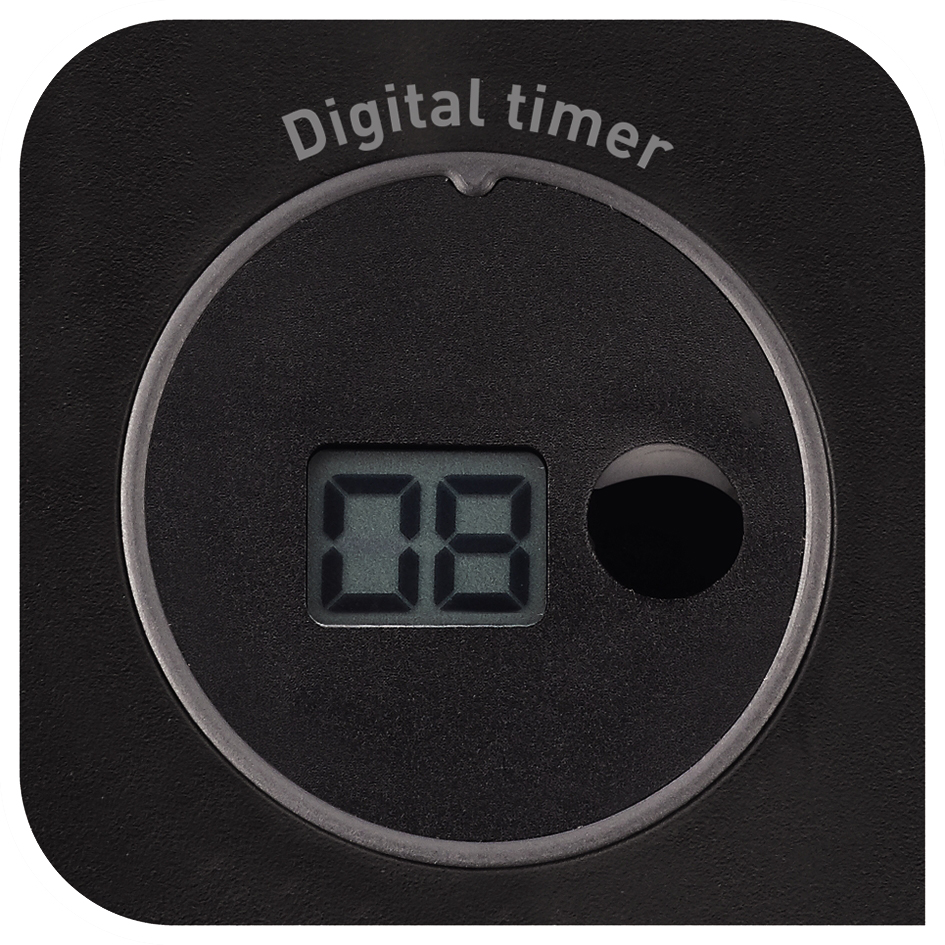 Zwarte digitale timer met een klein scherm met 08, tegen een zwarte achtergrond.