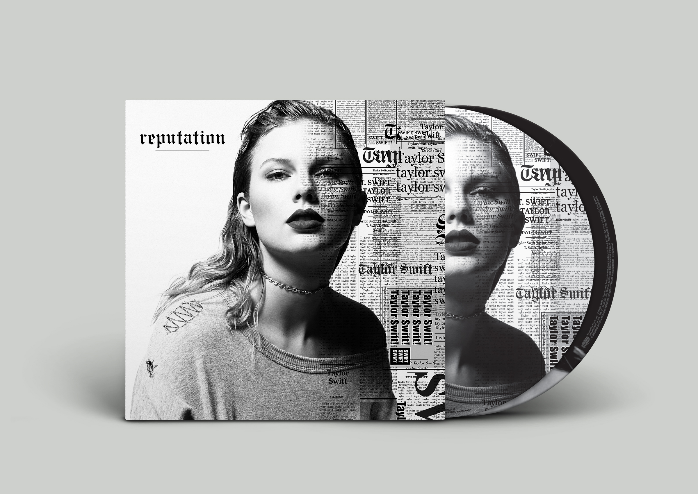 Albumcover: Taylor Swift. Halbporträt mit Texthintergrund und eine CD.