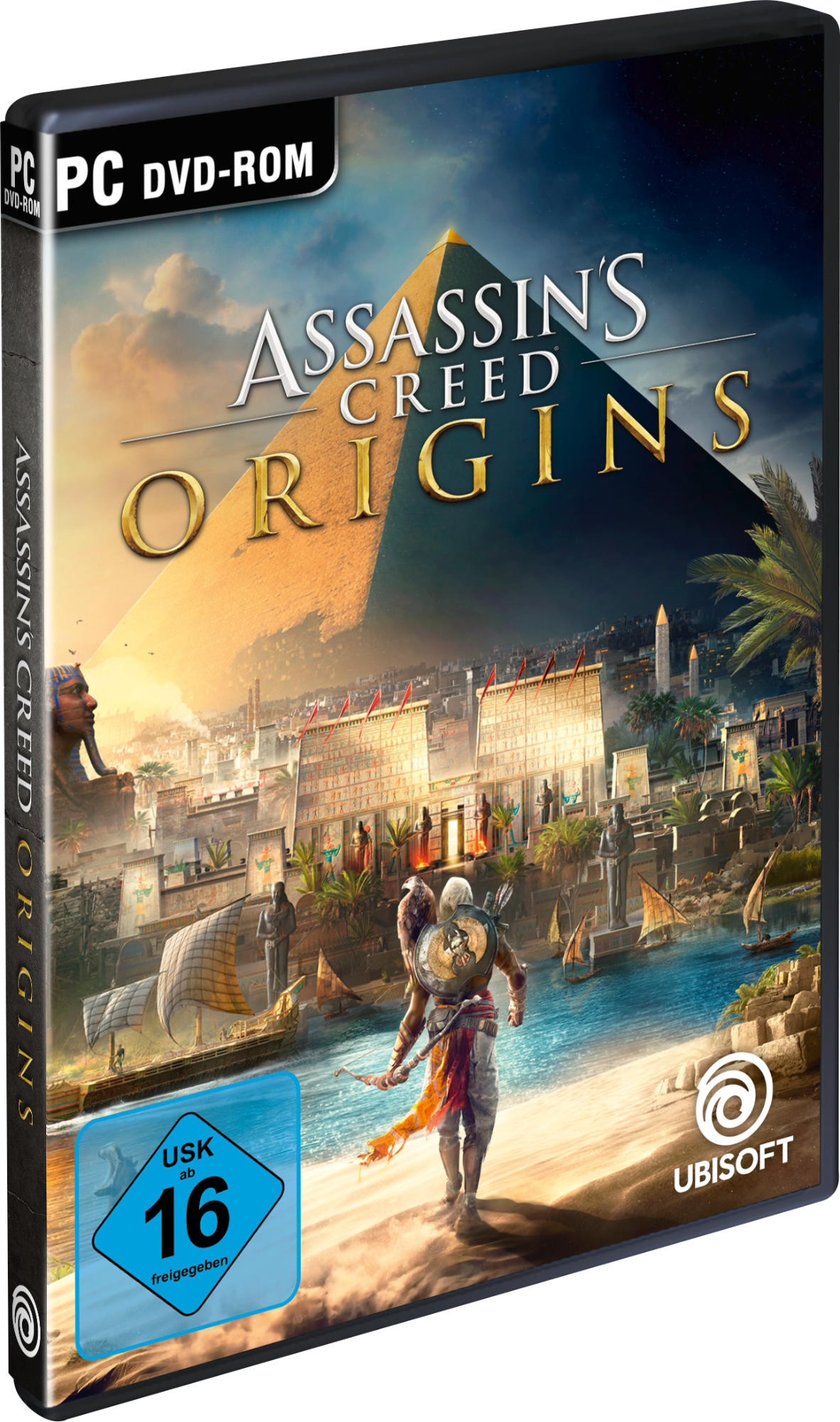 Das Cover der PC-Spielbox 'Assassin's Creed Origins' mit Pyramide und Wüstenszene.