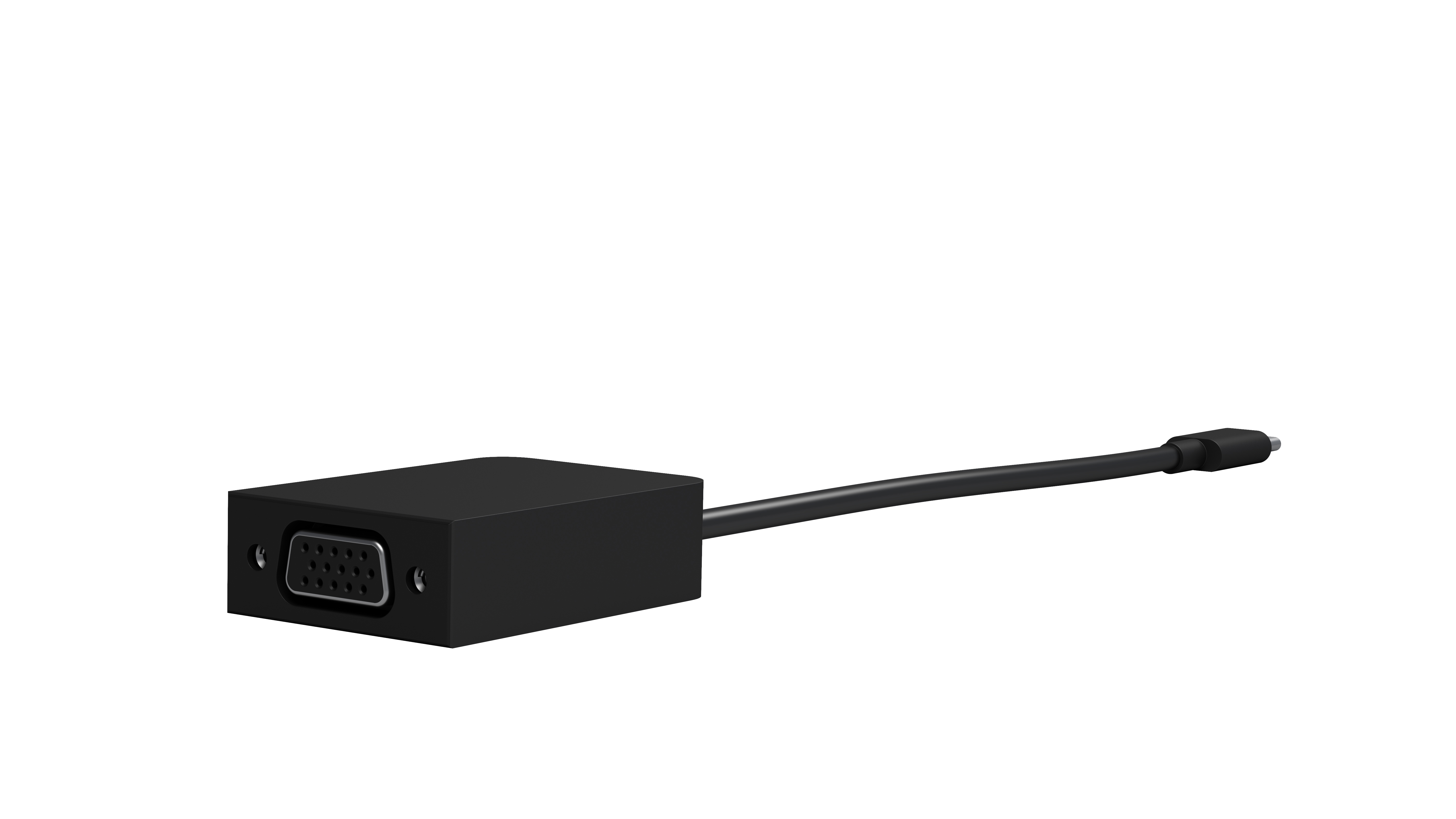 Adattatore da VGA a HDMI nero. Dispositivo rettangolare con cavo e connettore VGA.