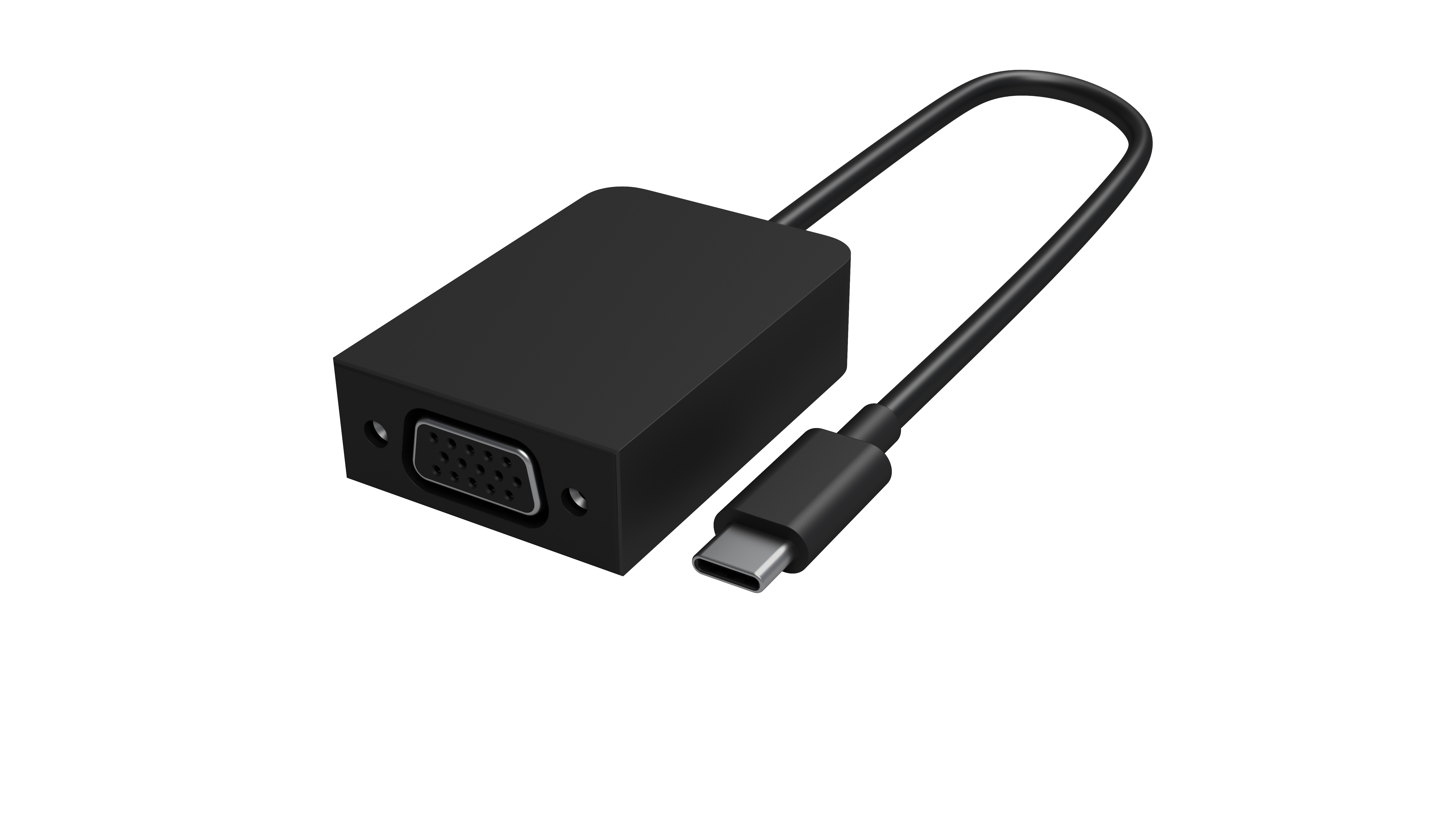 Un adattatore USB-C a VGA nero. L'adattatore è su sfondo bianco.
