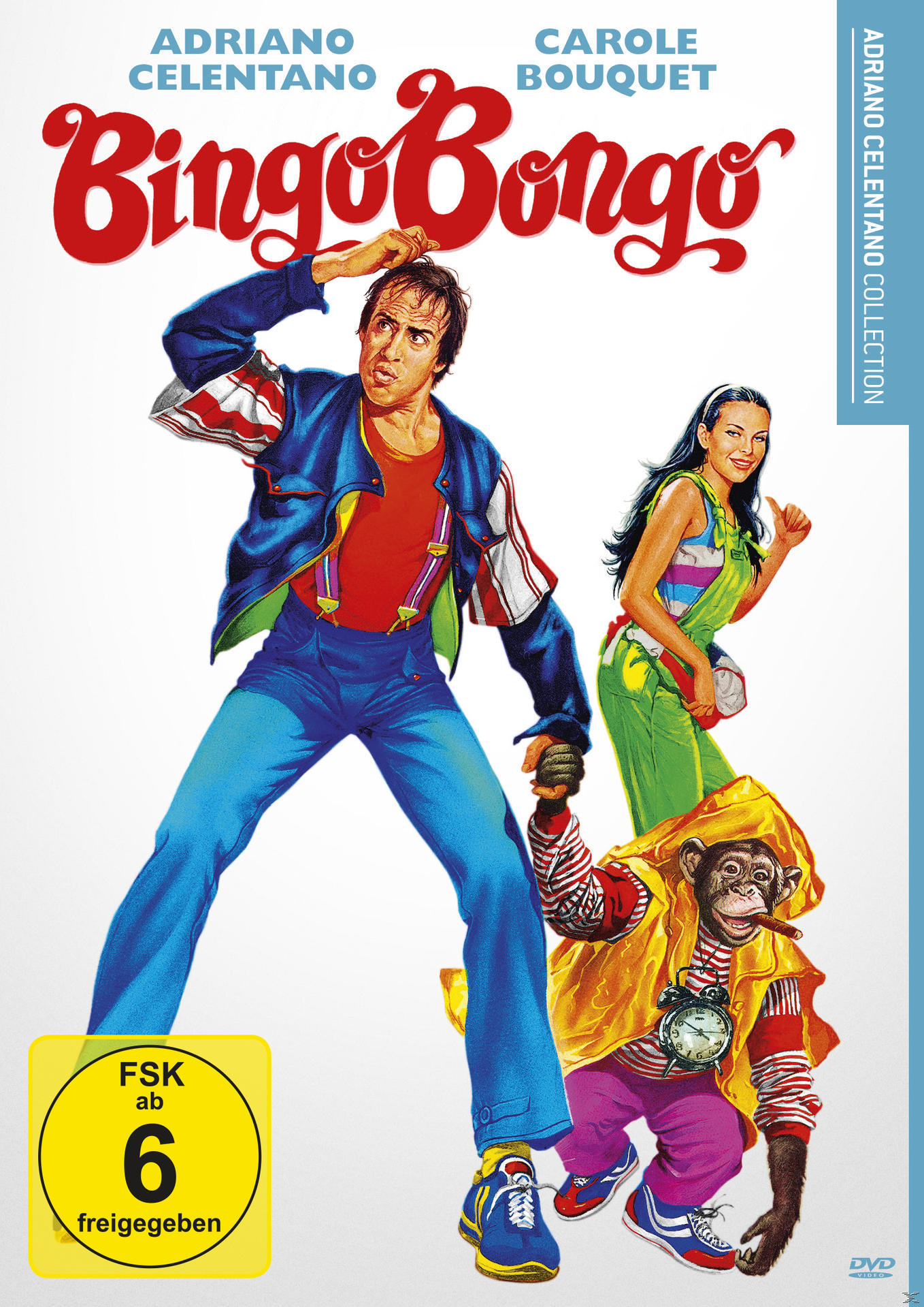Filmcover: Bingo Bongo. Menschen stehen, ein Mann, eine Frau und ein Affe.