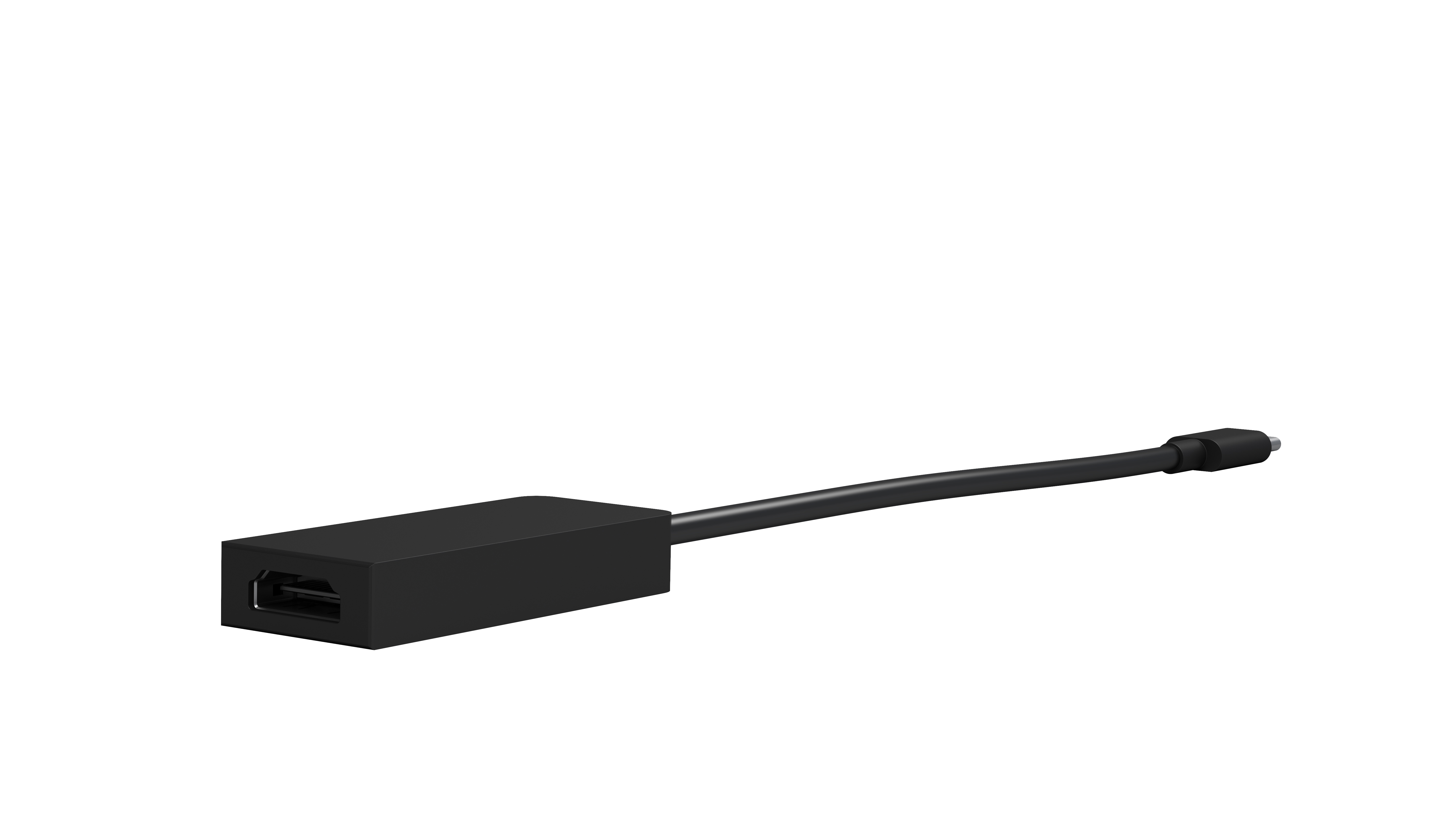 Un adattatore HDMI nero con un cavo nero, isolato su sfondo bianco.