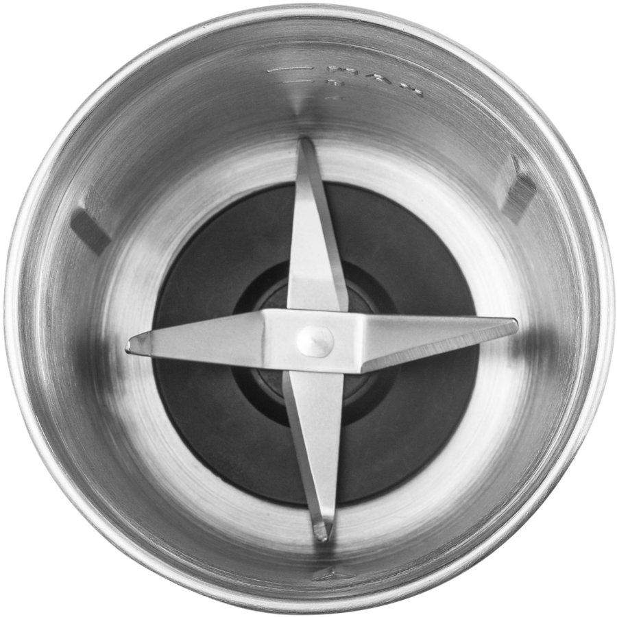 The inside of a blender with blades, shot from above.