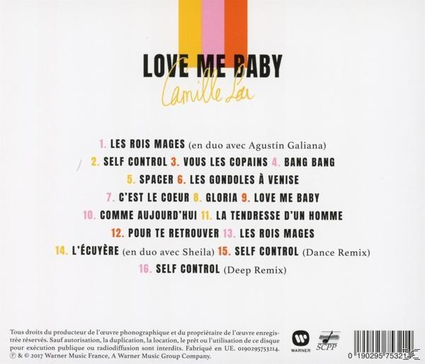 CD-Cover mit Text und Titelliste für 'Love Me Baby' von Camille Lou. Weißer Hintergrund.