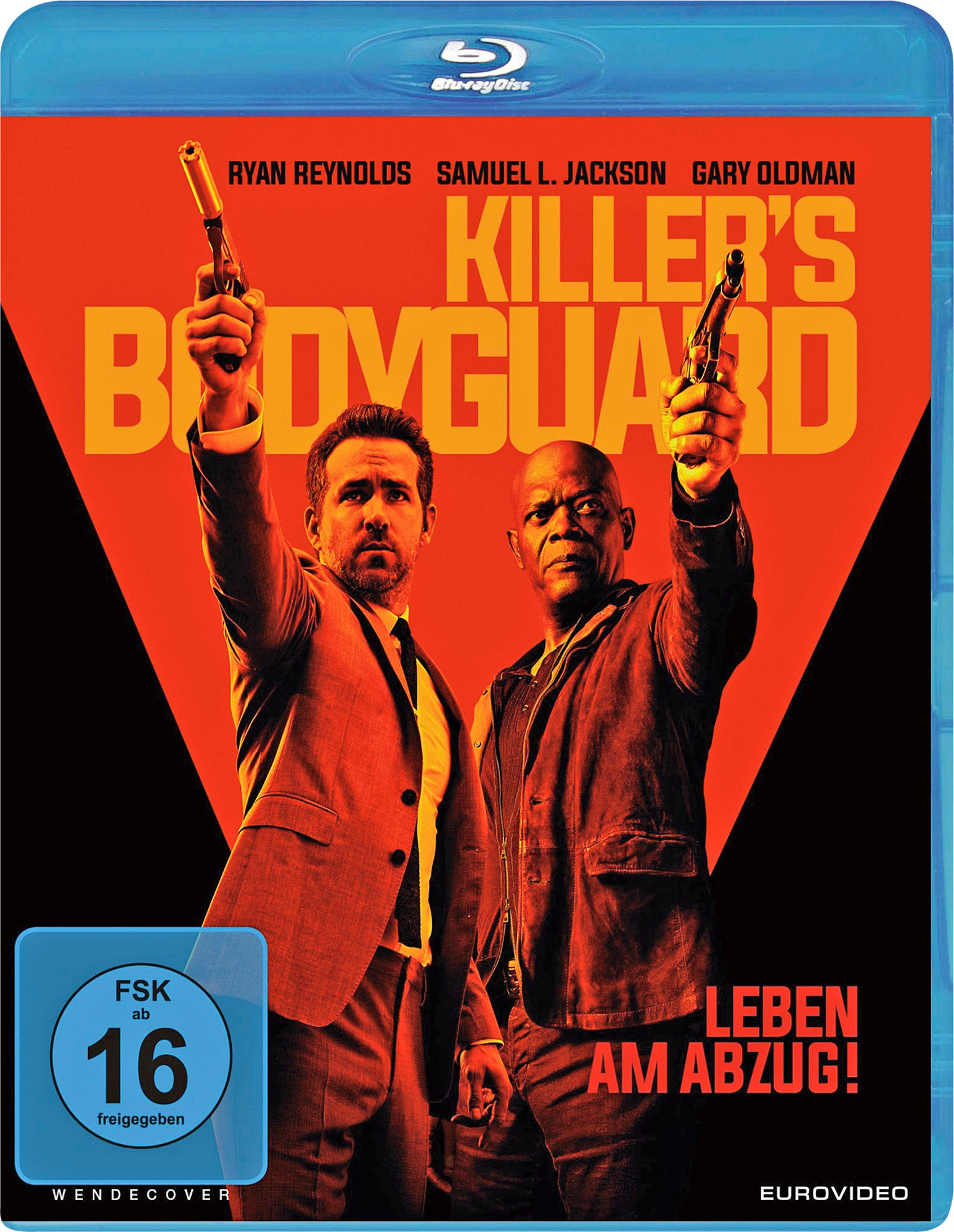 Das Filmplakat zeigt Ryan Reynolds und Samuel L. Jackson mit Waffen. Der Titel lautet 'Killer's Bodyguard'.
