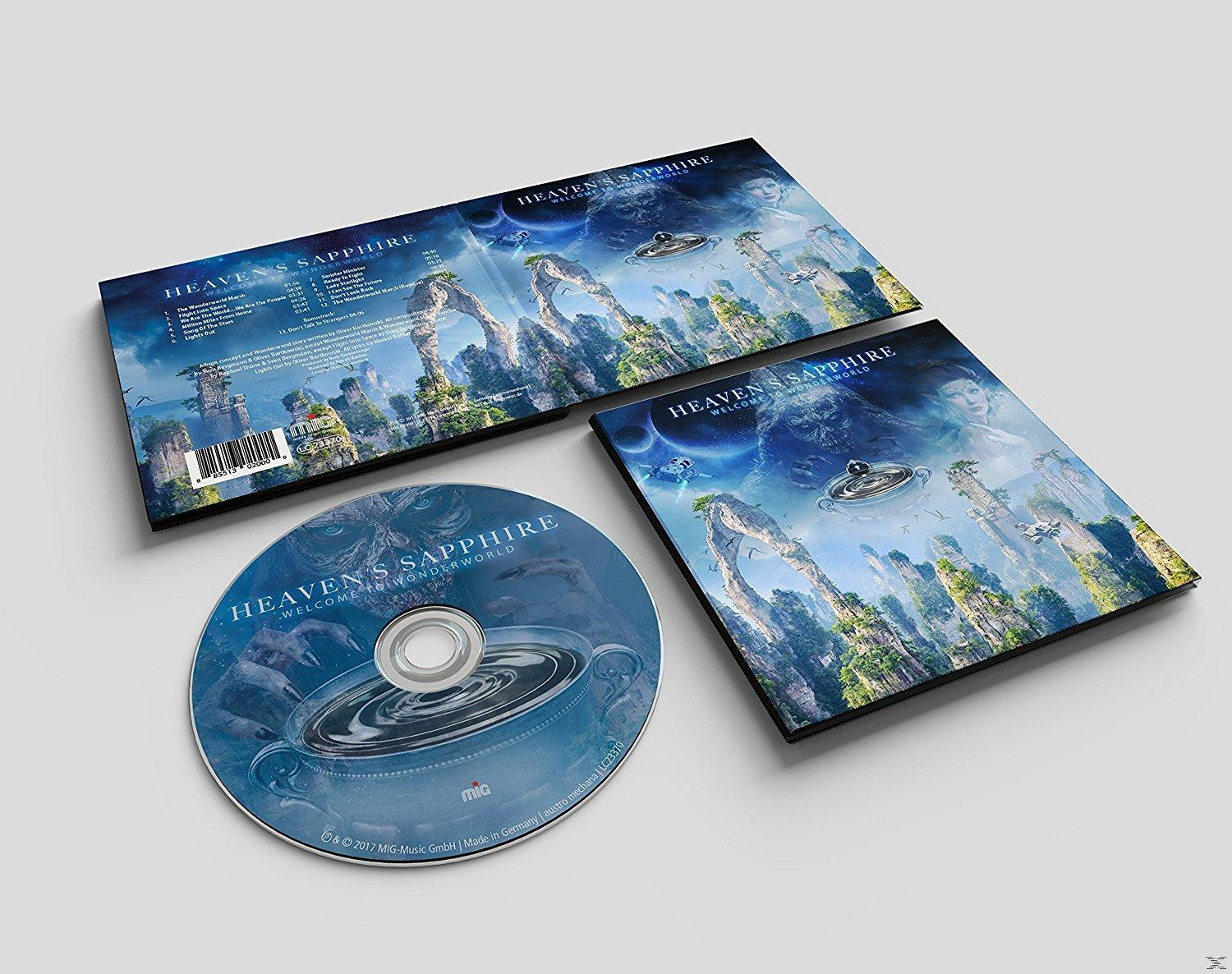 Albumcover und CD von "Heaven's Sapphire: Welcome to Wonderworld". Mit surrealer Landschaftskunst und Text.