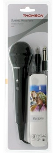 Microphone Thomson dans son emballage. Emballage blanc et gris. Fond noir.