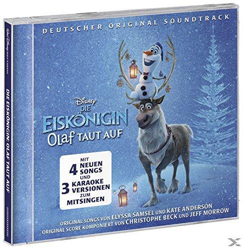 Frozen Olaf CD-Hülle. Olaf der Schneemann auf einem Rentier. Deutscher Text und blauer Hintergrund.