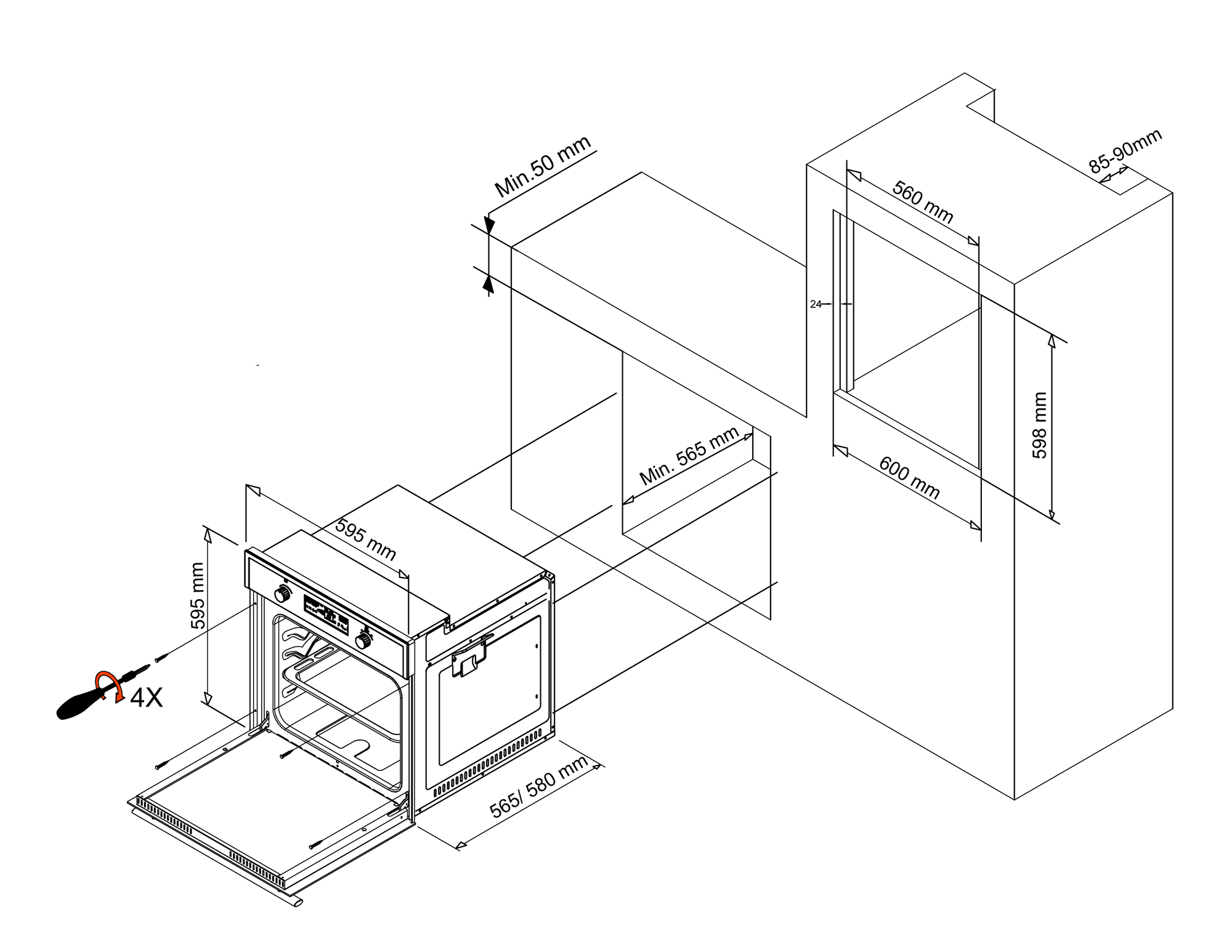 Dessin technique d'un four encastrable avec dimensions et espace d'installation.