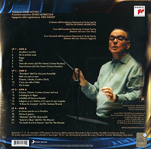 Ennio Morricone album borítójának hátulja, szöveggel és portréval.