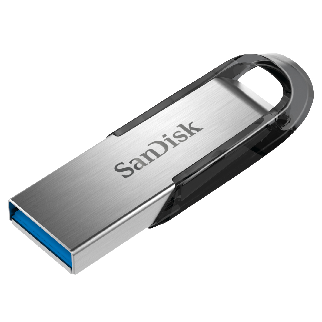 A silver and black SanDisk USB flash drive, angled on a white surface.