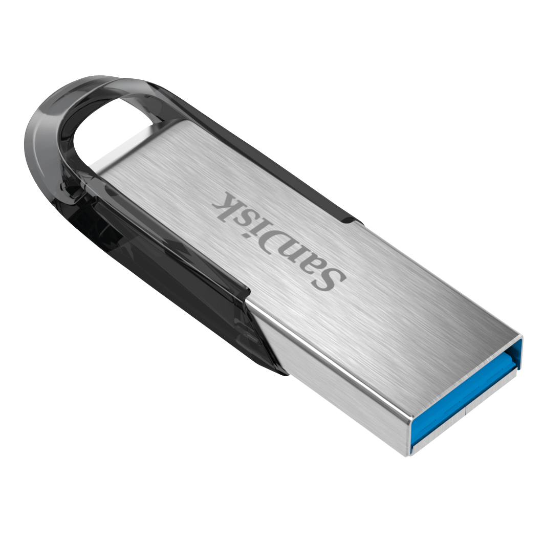A silver and black Sandisk USB flash drive on a white background.