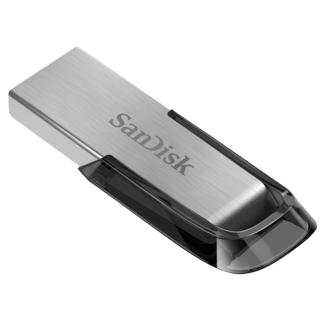 Silver and black Sandisk USB flash drive.