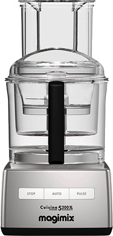 Un robot culinaire avec un bol transparent, une poignée noire et une base en acier inoxydable.