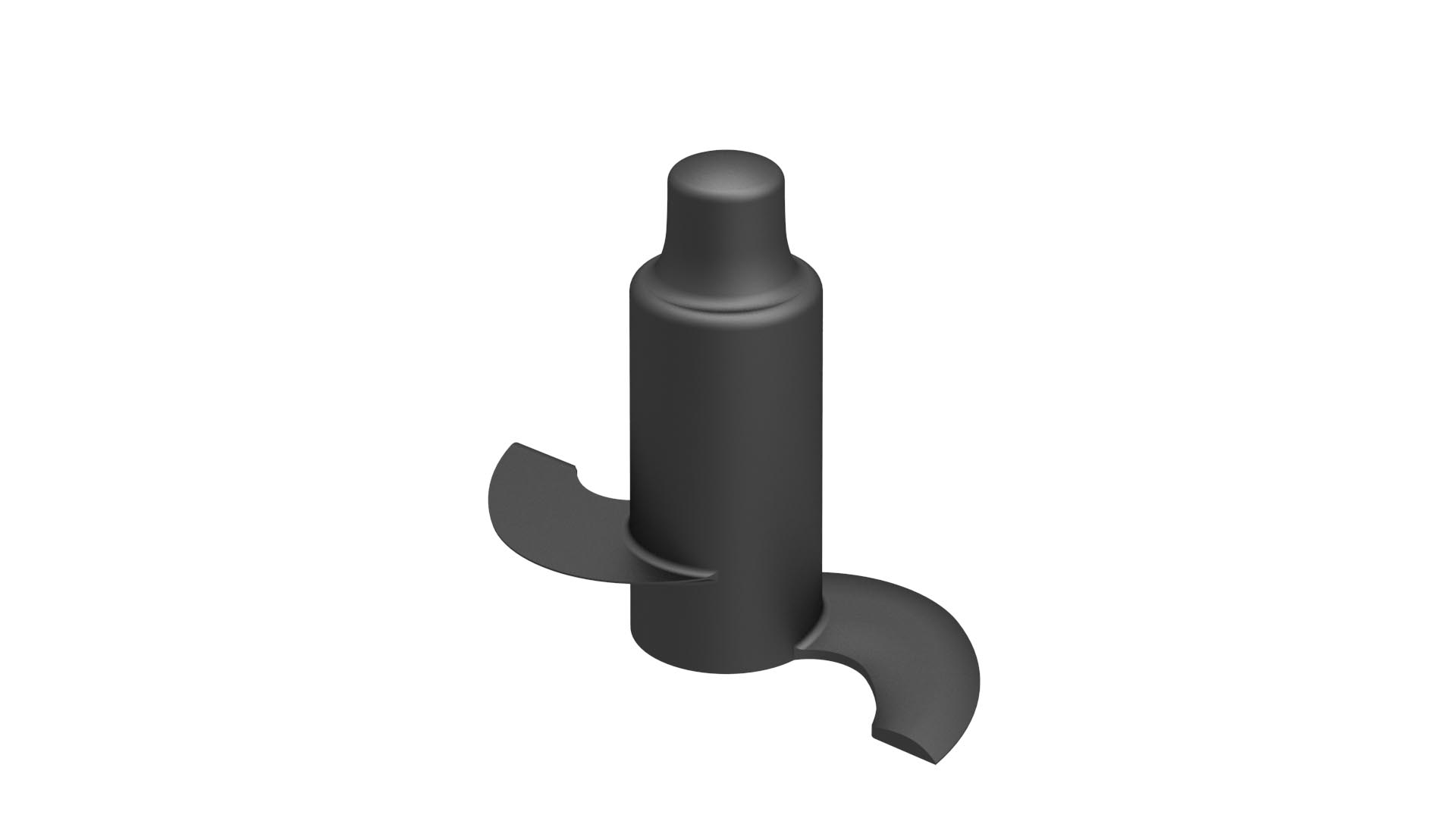 Une lame de robot culinaire noire sur fond blanc, avec deux lames courbes et une base cylindrique.