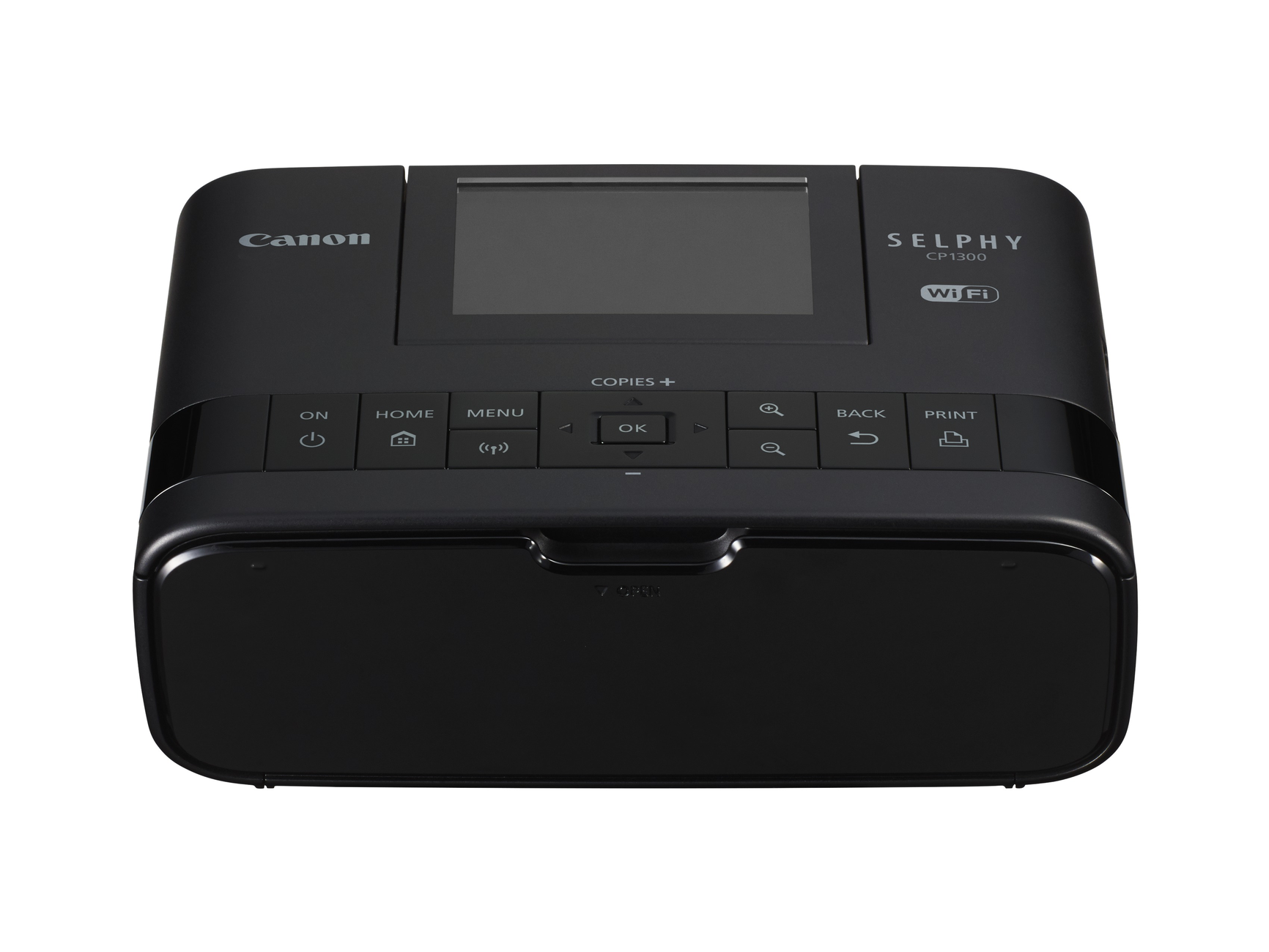 Canon Selphy CP1300 black printer. Top display screen, button controls. White background.