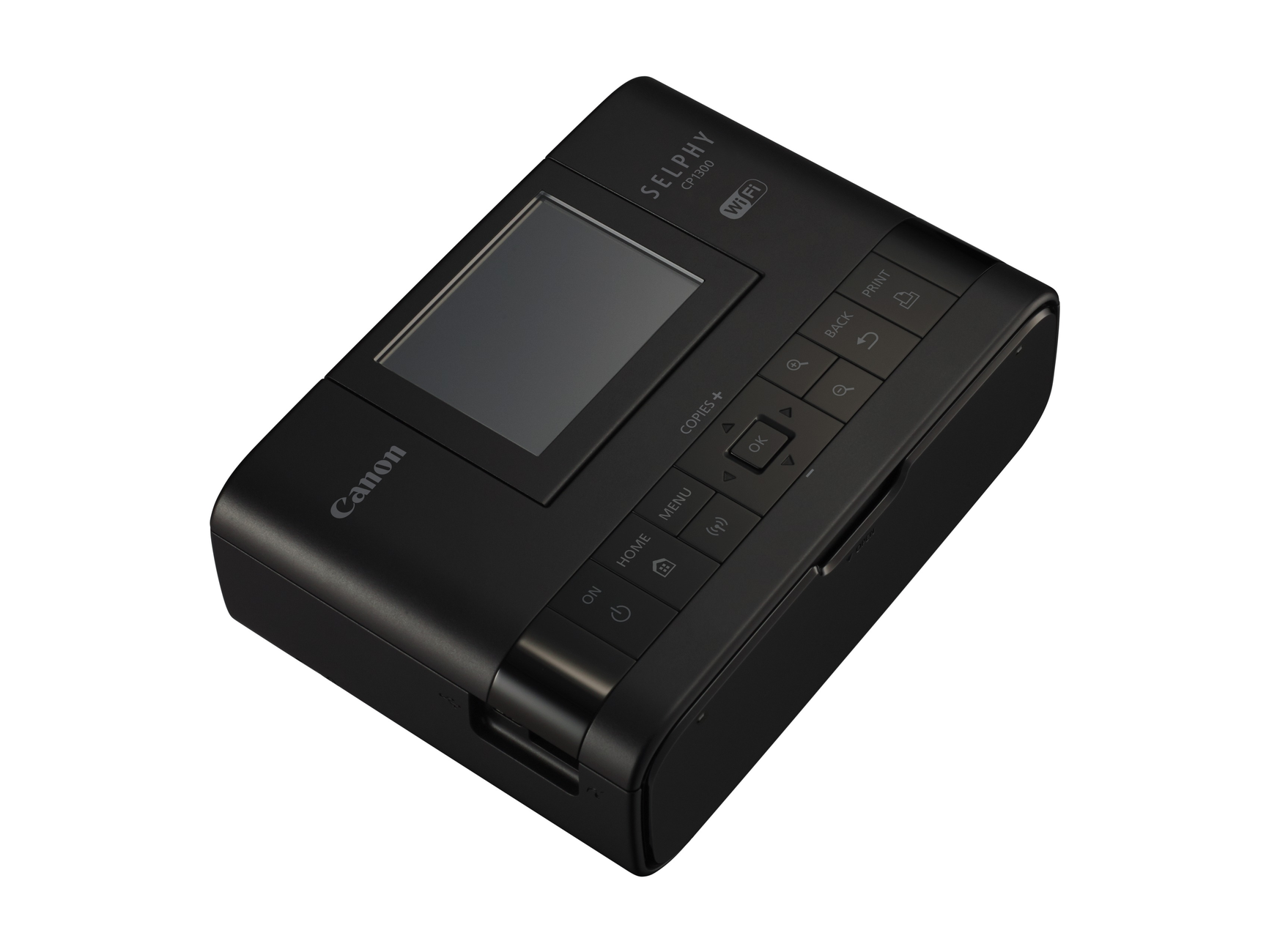 Black Canon Selphy CP1300 printer with a screen and buttons, on a white background.