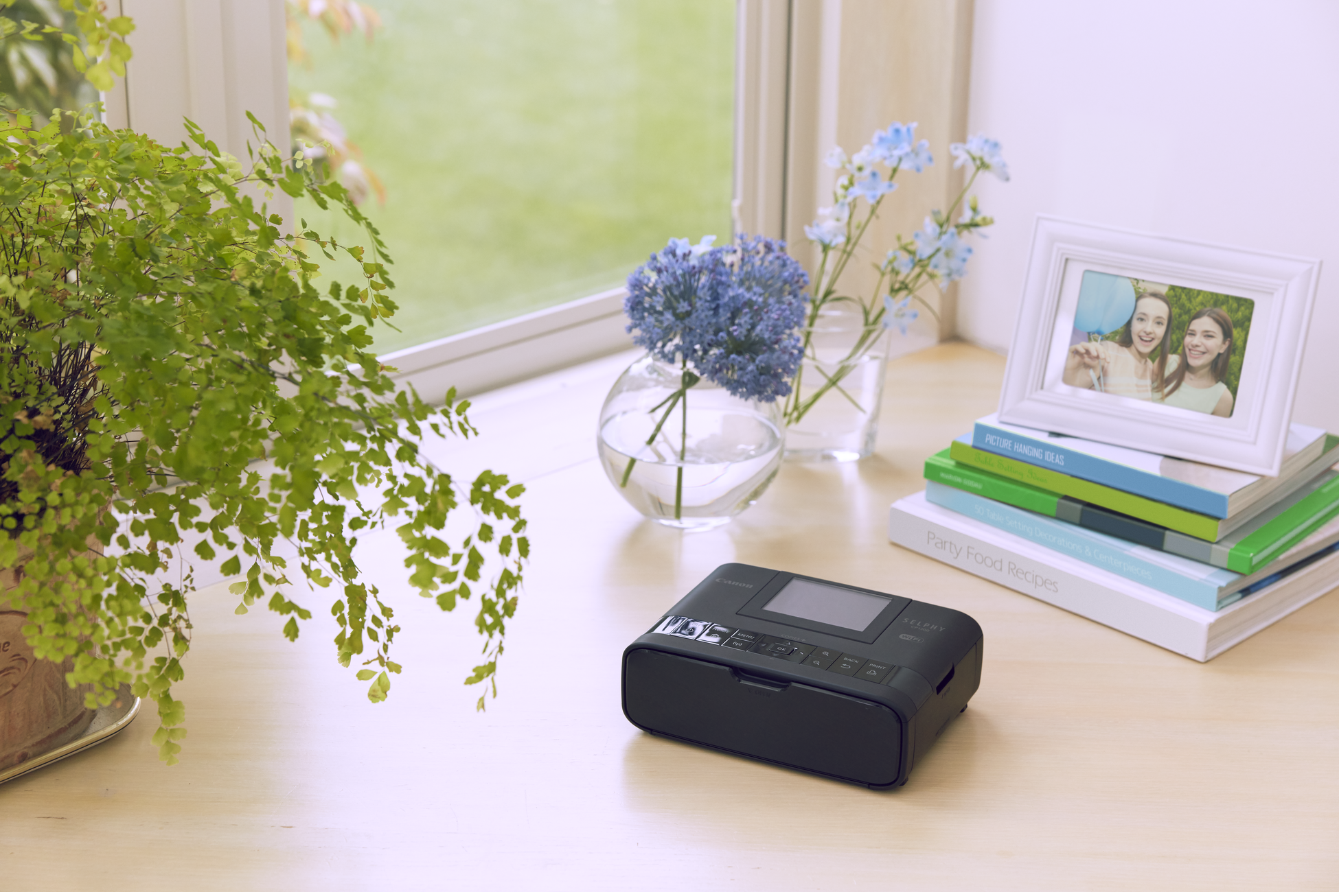 A black printer sits on a wooden table with a fern and a framed photo near a window with a view.