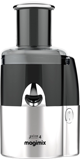 Un extracteur de jus Magimix Juice Expert 4 noir et argent. Il a un dessus noir et une base argentée.