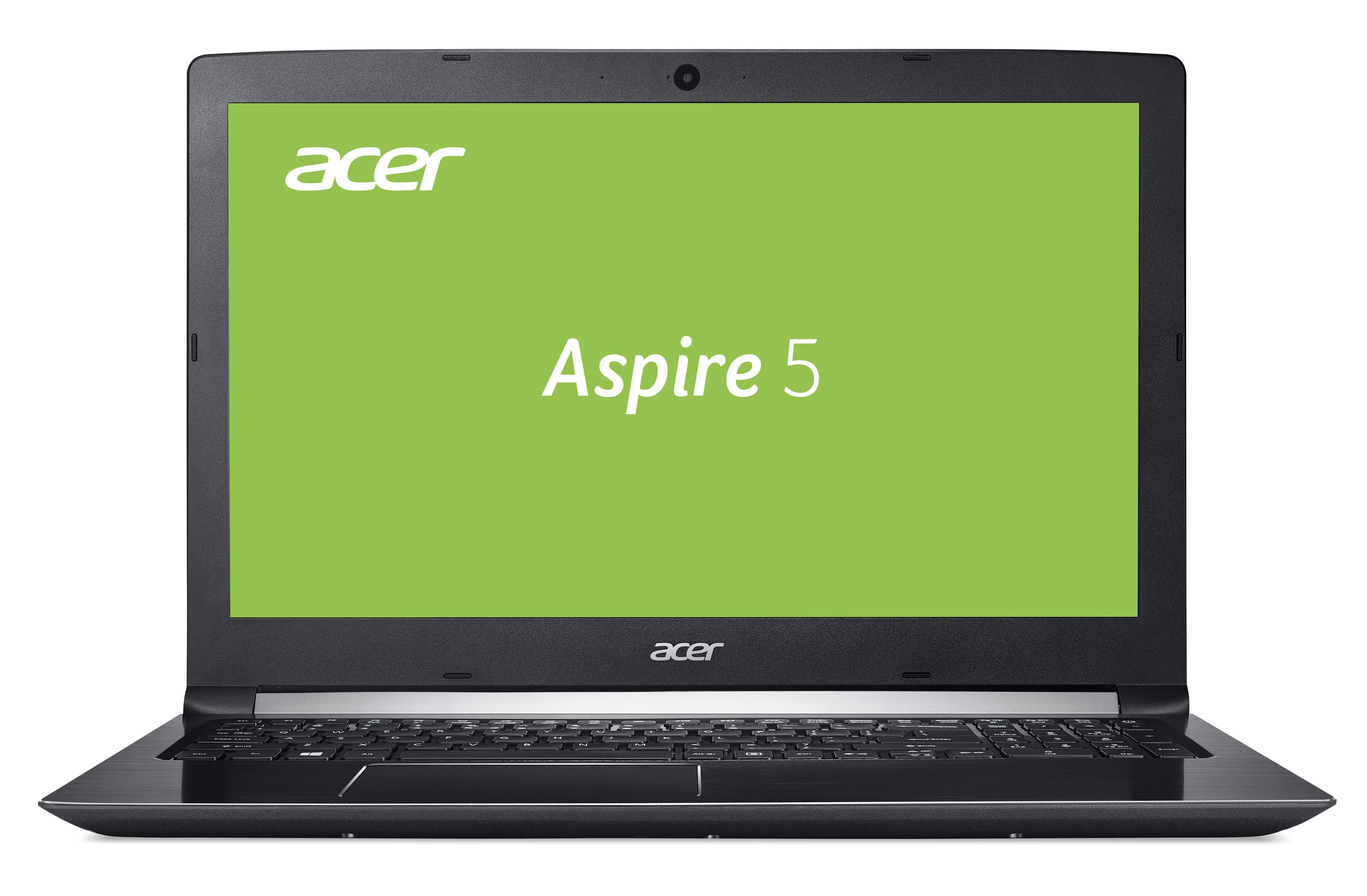 Schwarzer Laptop mit grünem Bildschirm, zeigt 'Acer Aspire 5'. Schwarze Tastatur, silberne Blende.