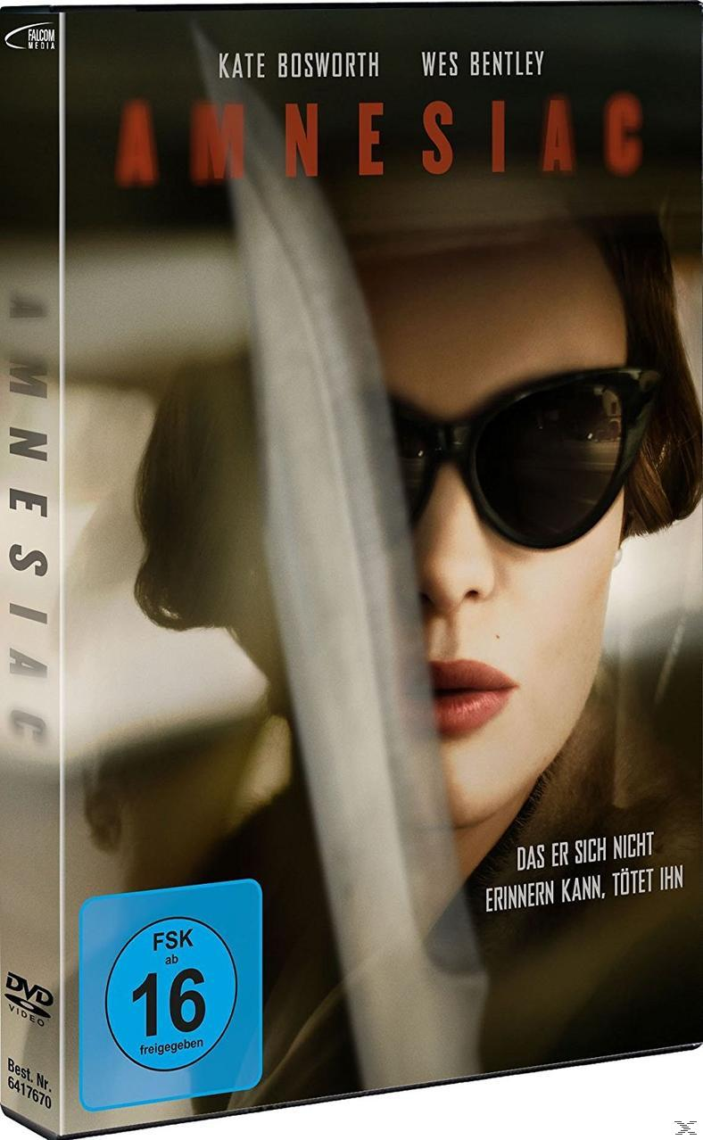DVD-Cover mit Kate Bosworth und Wes Bentley, betitelt 'Amnesiac'. Eine Frau mit Sonnenbrille sitzt im Auto.