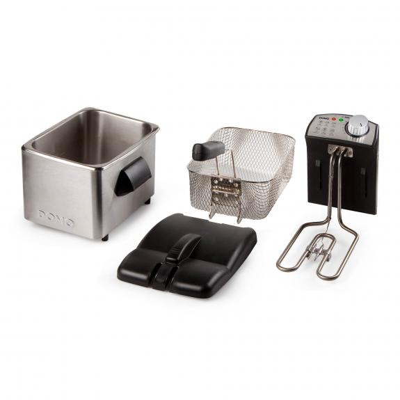 Pièces de friteuse : récipient en acier inoxydable, panier, couvercle et panneau de commande.