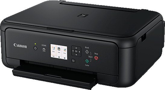Zwarte Canon printer met een beeldscherm en open papierlade.