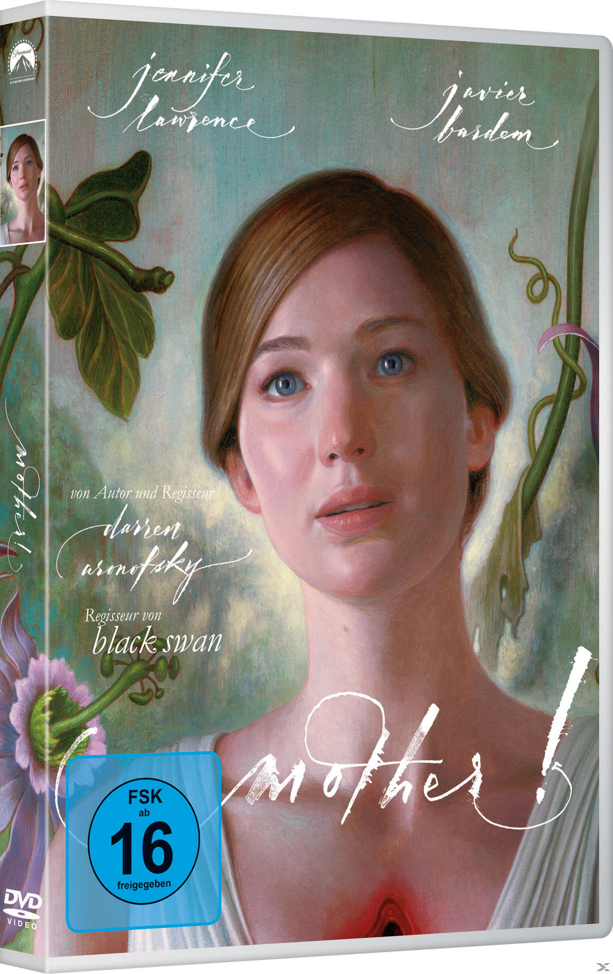 DVD-Cover: Jennifer Lawrence. Titel: mother! Ein Frauenantlitz im Zentrum.