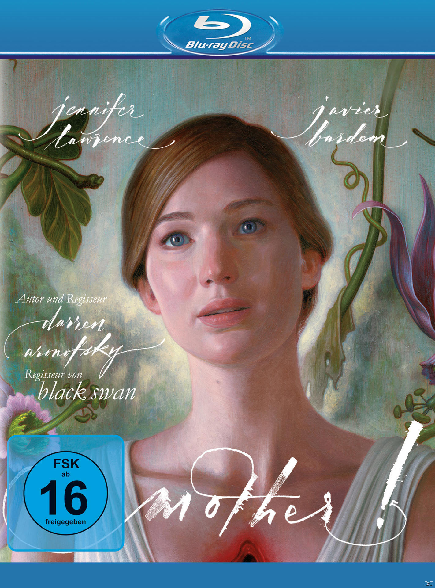 Filmcover. Mother!, mit Jennifer Lawrence. Blauer Rahmen, weißer Text und surrealer Hintergrund. FSK 16 Logo.