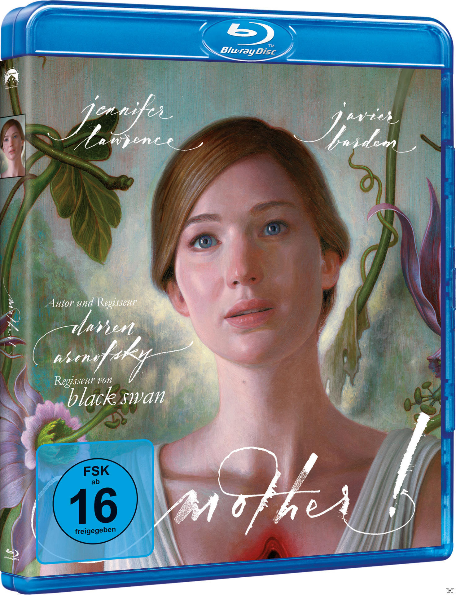 Blu-ray-Cover für 'mother!'. Jennifer Lawrence's Gesicht im Zentrum.