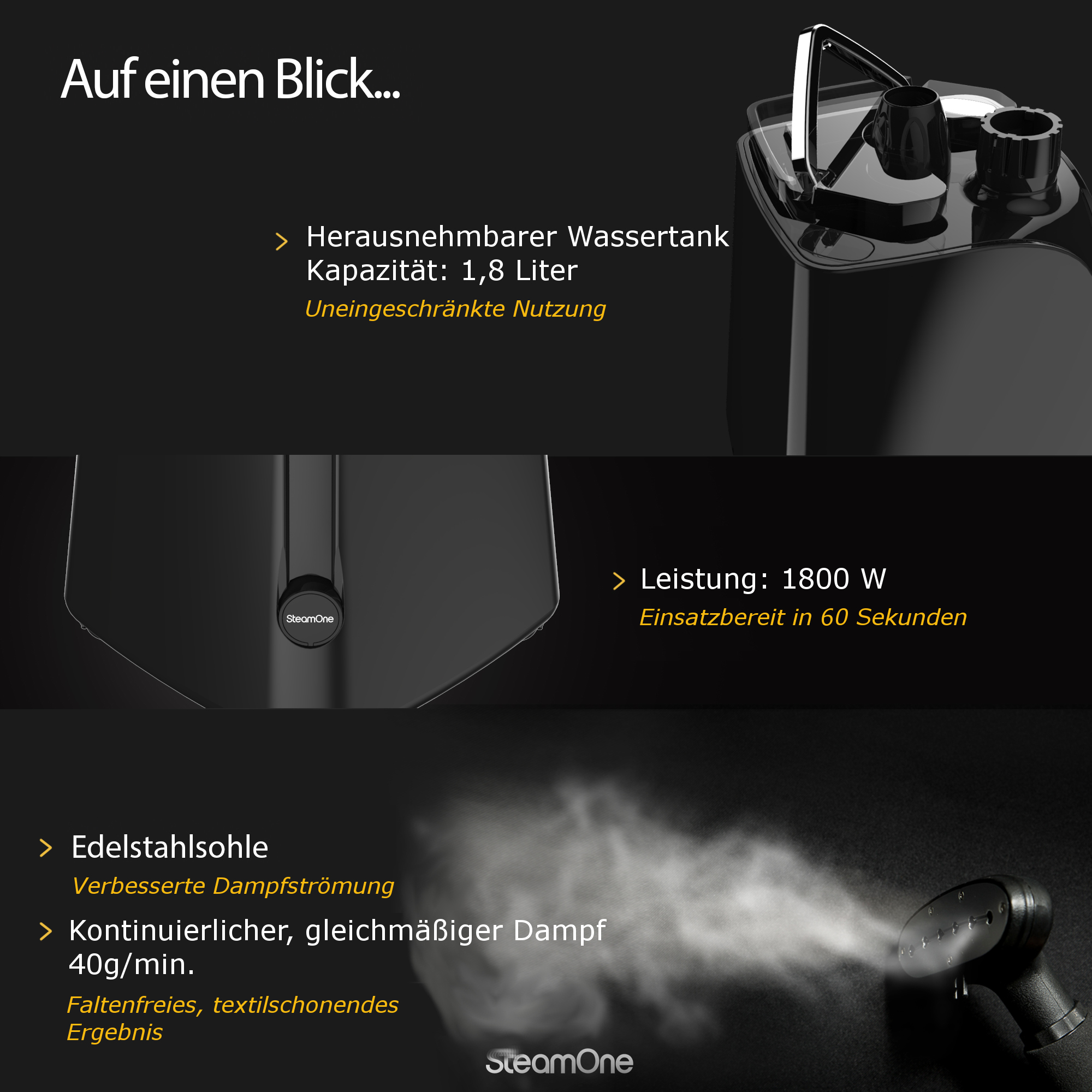 SteamOne Bügeleisen mit Text. Schwarzer Hintergrund, weißer Dampf.