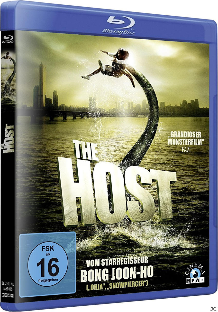 Blu-ray-Disc-Hülle für 'The Host'. Ein Monster springt mit einer Person aus dem Wasser.