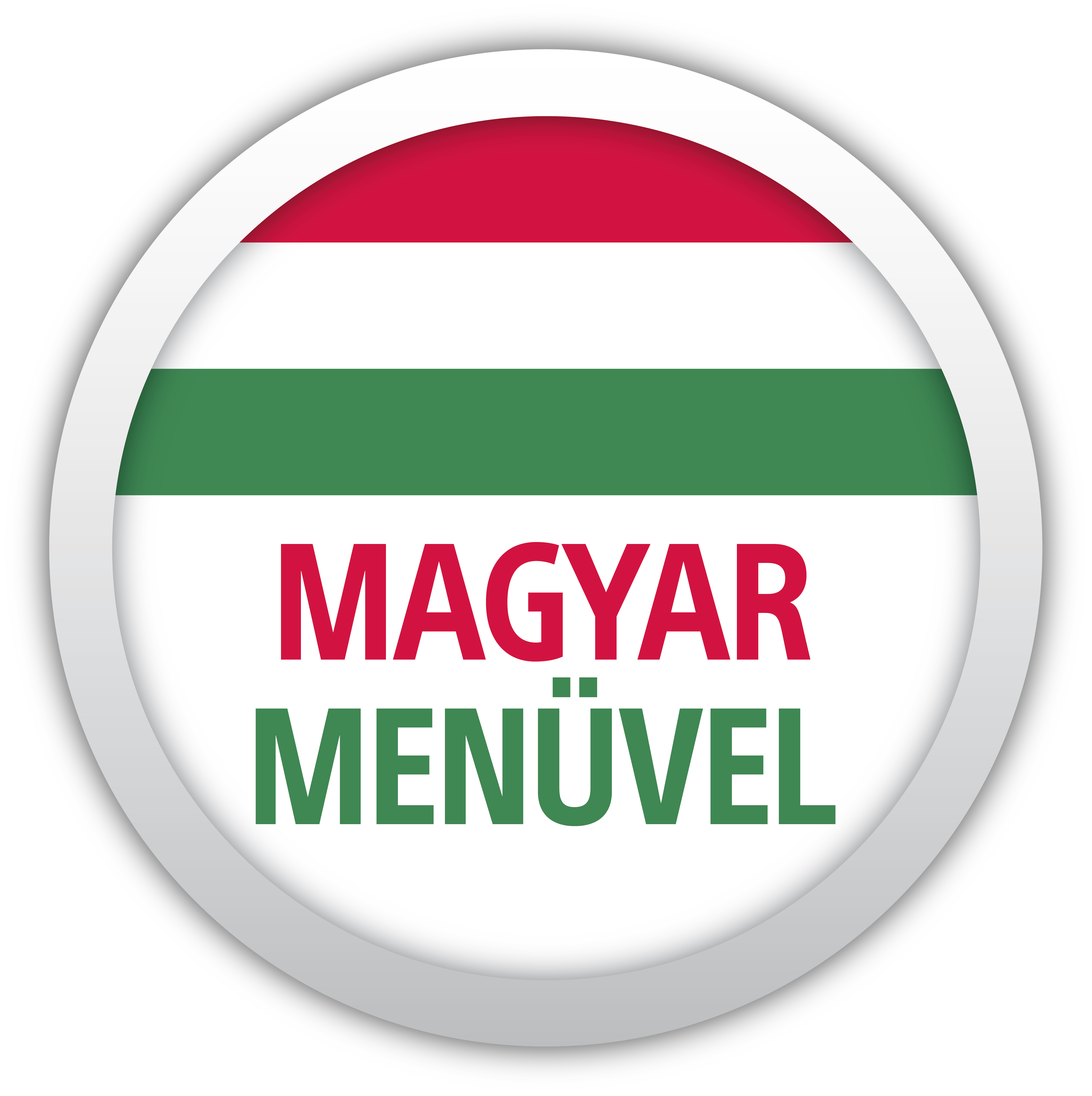 Fehér kör alakú jelvény a magyar zászló színeivel (piros, fehér, zöld) és a következő szöveggel: Magyar Menüvel.