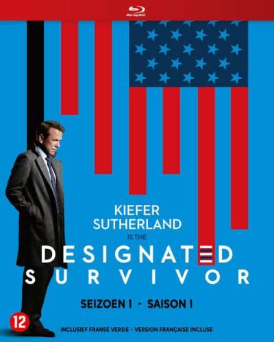 Couverture Blu-ray de Designated Survivor. Un homme en costume devant un motif de drapeau américain.