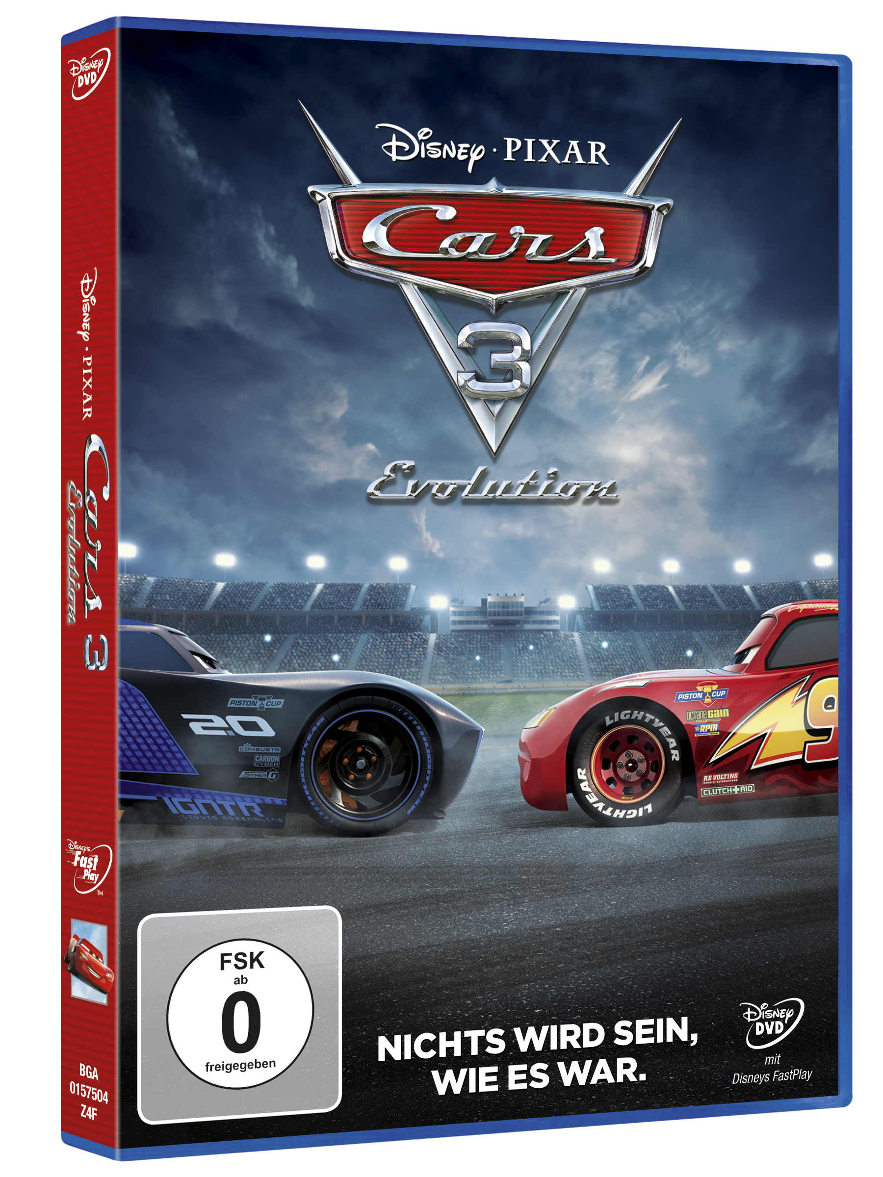 Cars 3 DVD-Cover. Enthält zwei Rennwagen auf einer Rennstrecke mit Stadionbestuhlung im Hintergrund.