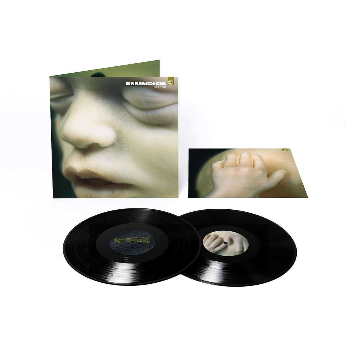 Pochette de l'album Rammstein, un visage sous l'eau. Deux disques vinyles noirs.