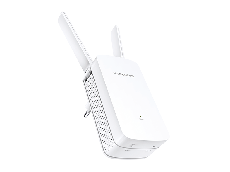 Fehér Mercusys WiFi hatótávolság-bővítő két antennával. Fehér háttér.