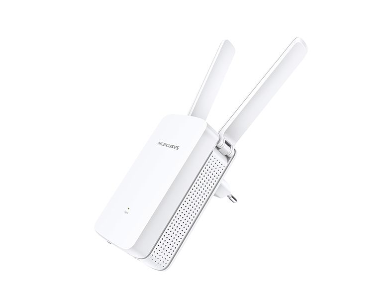 Fehér Mercusys Wi-Fi hatótávolság-bővítő két felfelé kinyúló antennával.